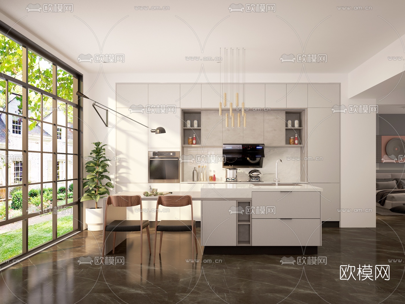 现代客厅餐厅厨房3d模型
