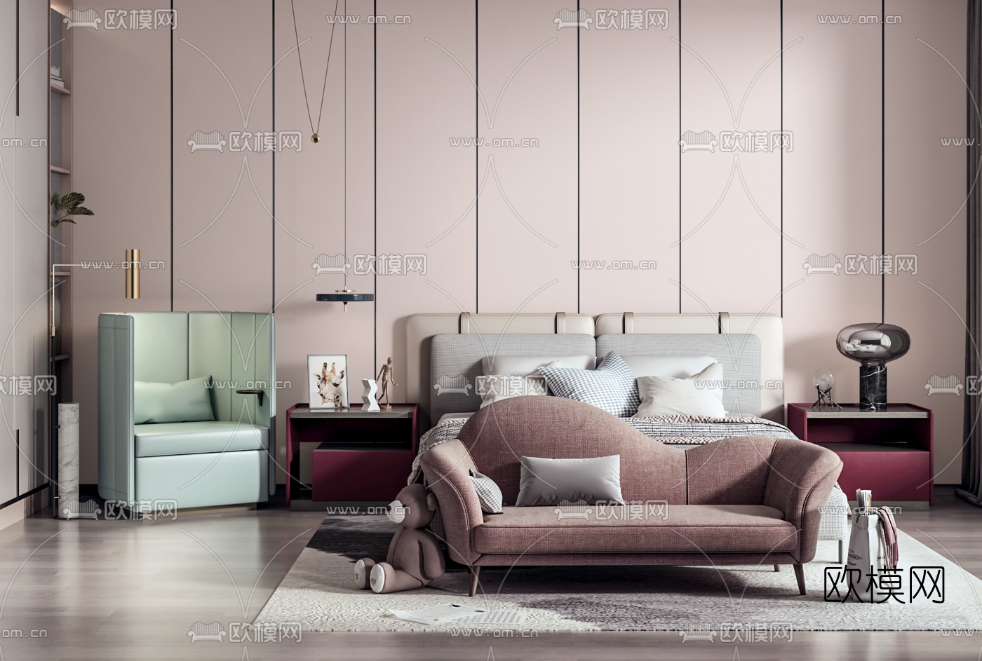 北欧布艺双人床3d模型下载