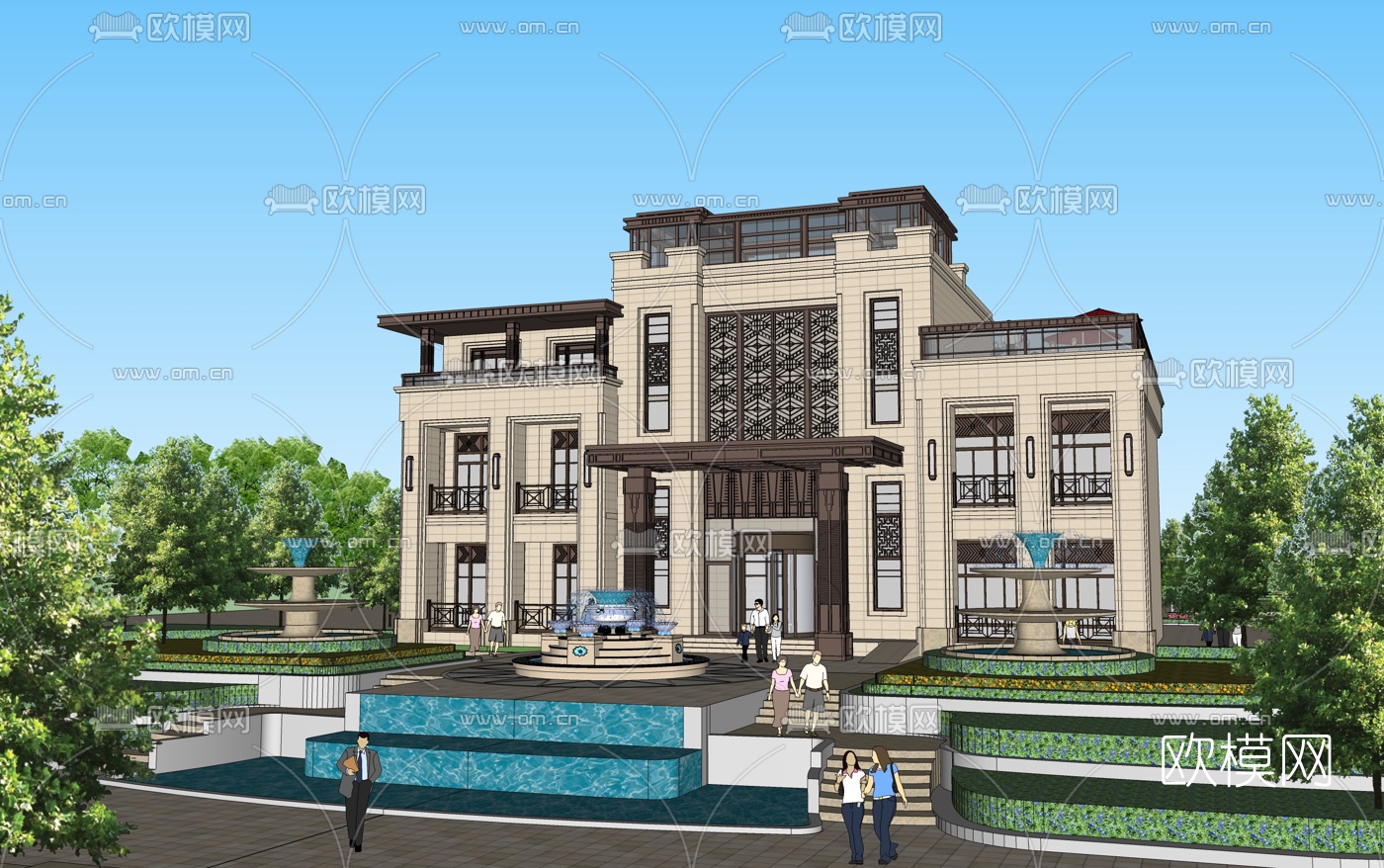 新中式别墅外观su模型下载（渲染图2）