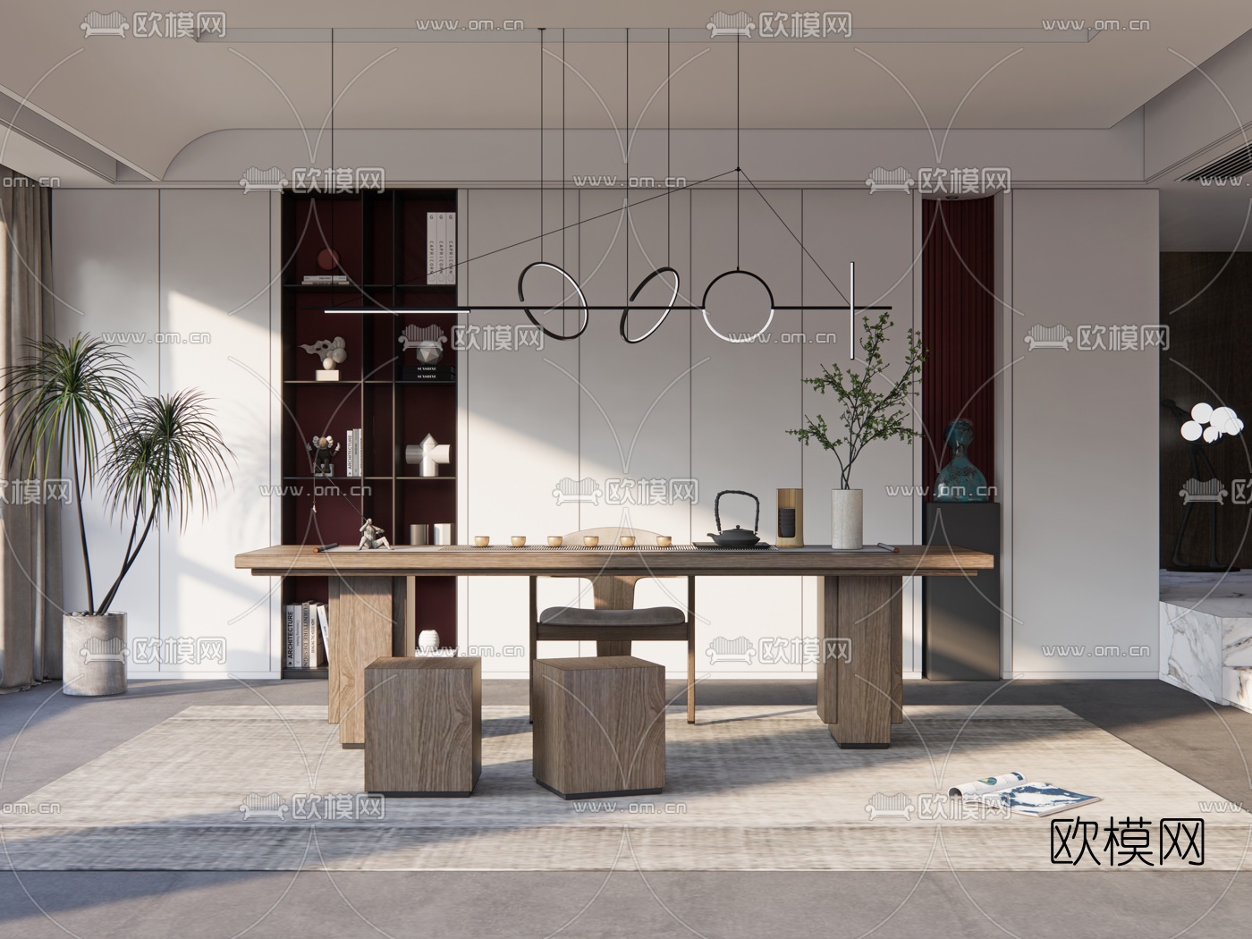 新中式实木茶桌椅su模型下载（渲染图1）