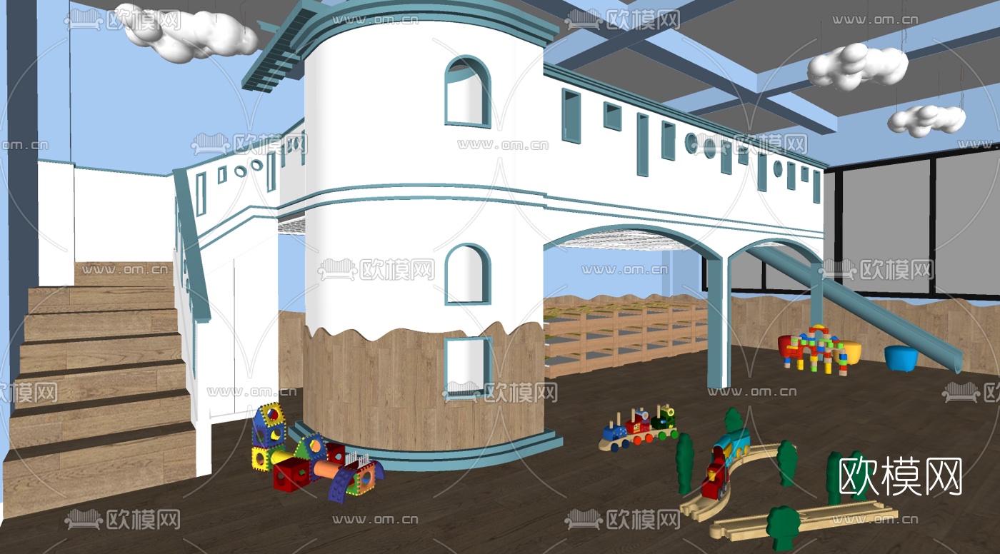 现代幼儿园城堡滑梯su模型下载（渲染图2）