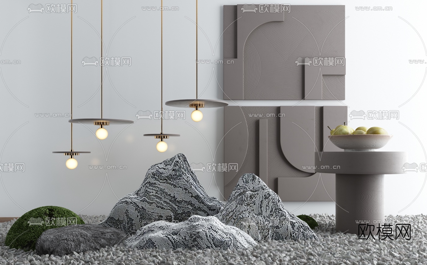 现代绿植假山圆几小品3d模型下载