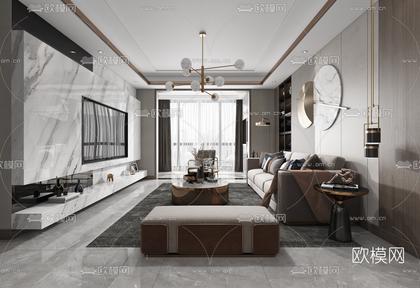 现代简约客厅餐厅3d模型下载（渲染图2）