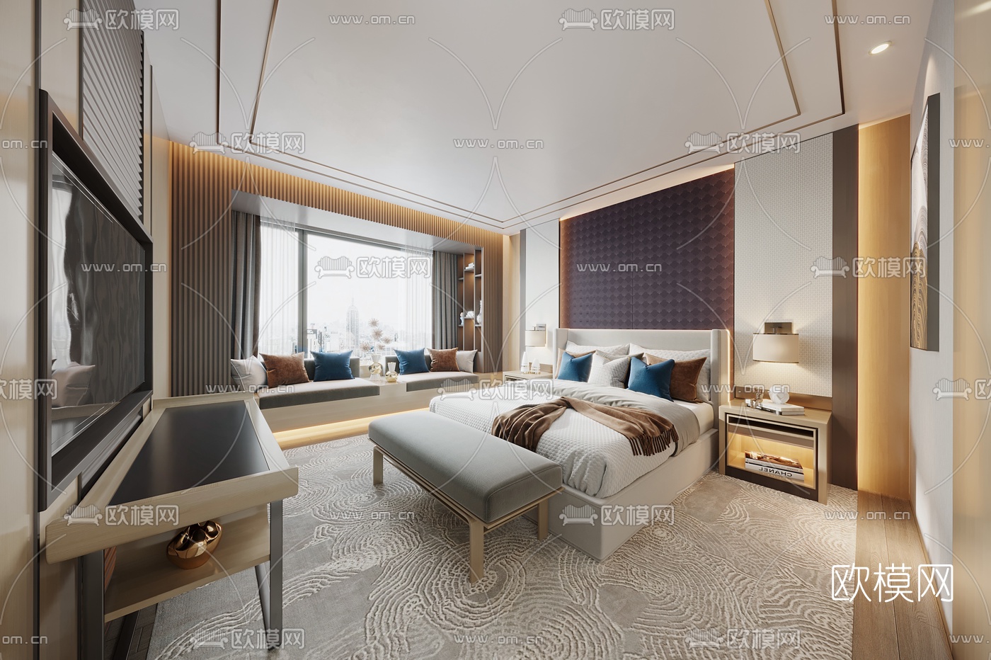 现代轻奢酒店客房3d模型下载（渲染图1）