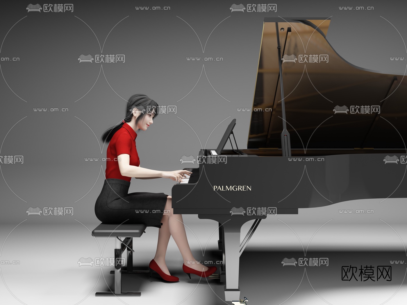 现代弹钢琴美女人物3d模型下载（渲染图1）