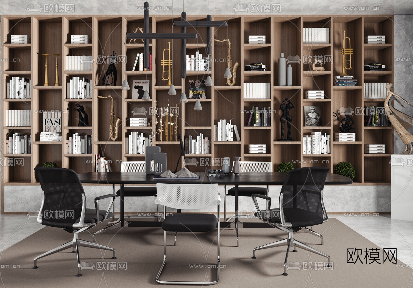 现代会议桌椅书柜3d模型下载