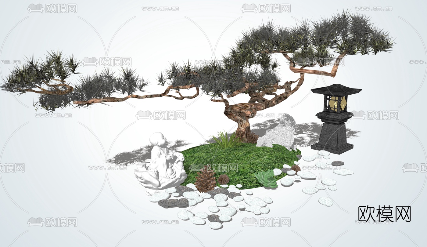 中式禅意松树su模型下载（渲染图1）