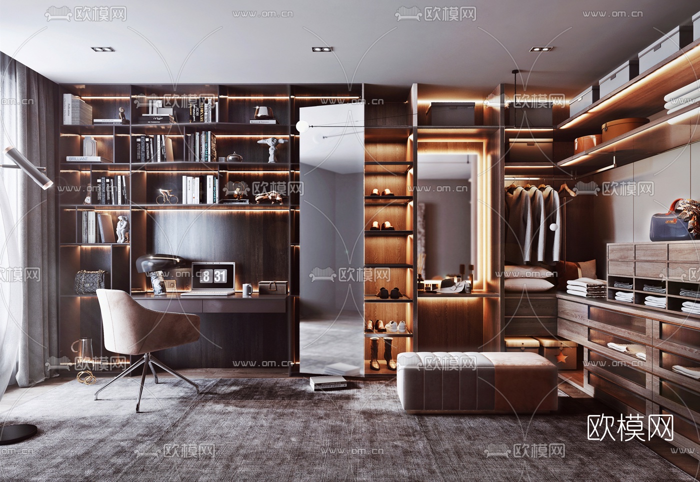 现代轻奢衣帽间3d模型下载（渲染图1）