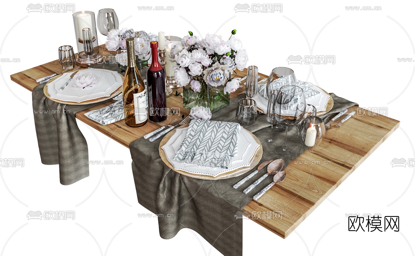 简欧餐具酒水水杯烛台灯3d模型下载（渲染图1）