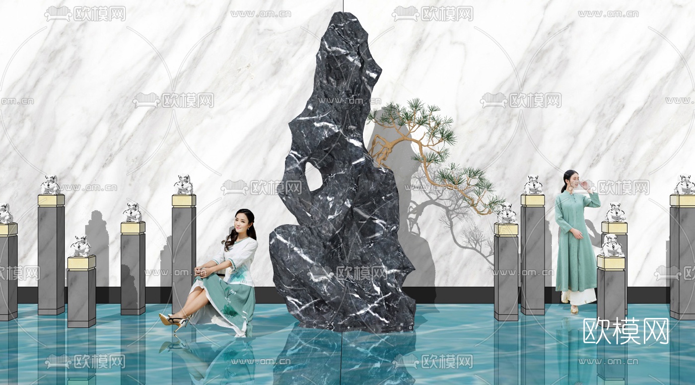 新中式假山水景小品su模型