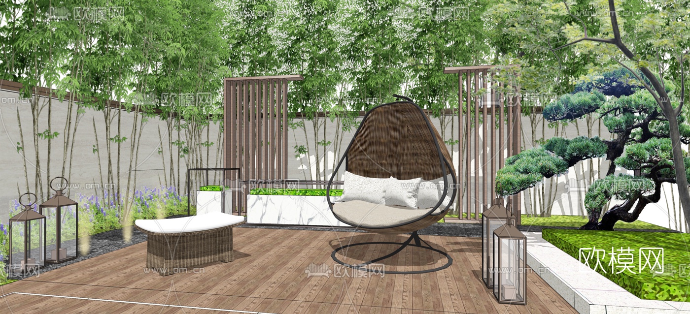 现代庭院景观摇椅秋千su模型下载（渲染图1）