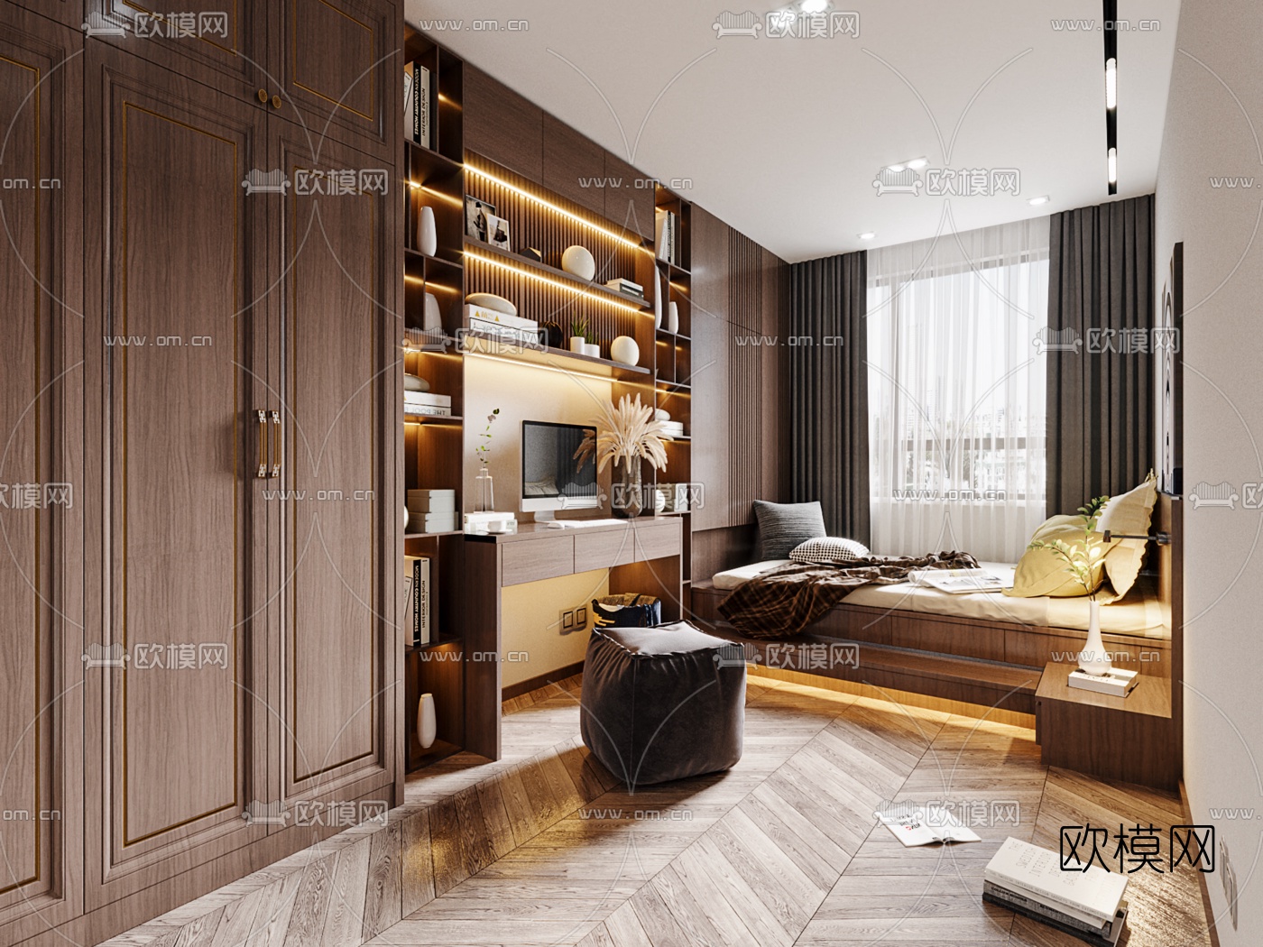 新中式榻榻米卧室3d模型下载