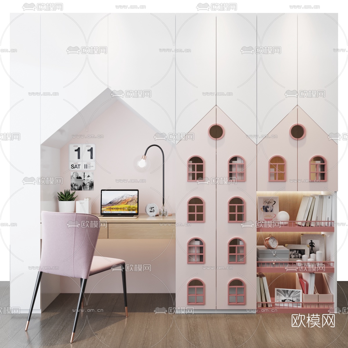 北欧儿童书桌书柜3d模型下载（渲染图2）