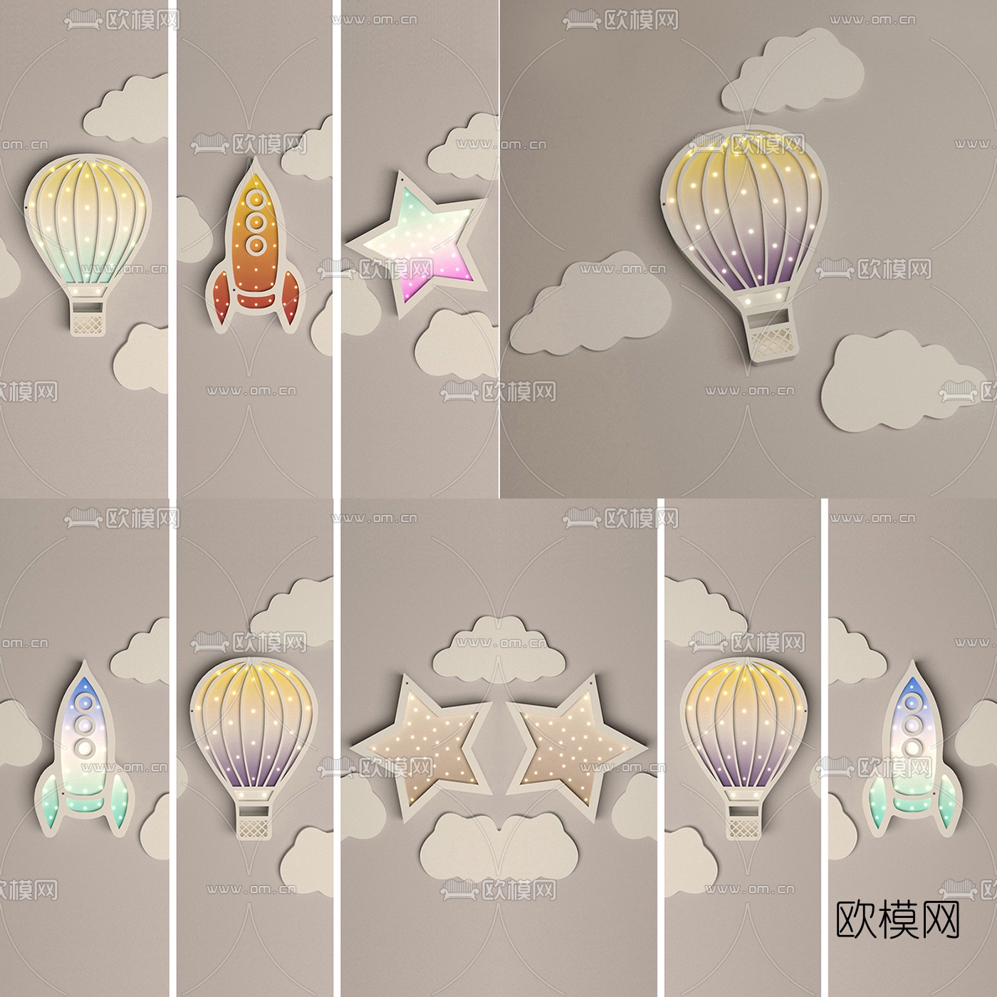 现代火箭热气球儿童壁灯3d模型