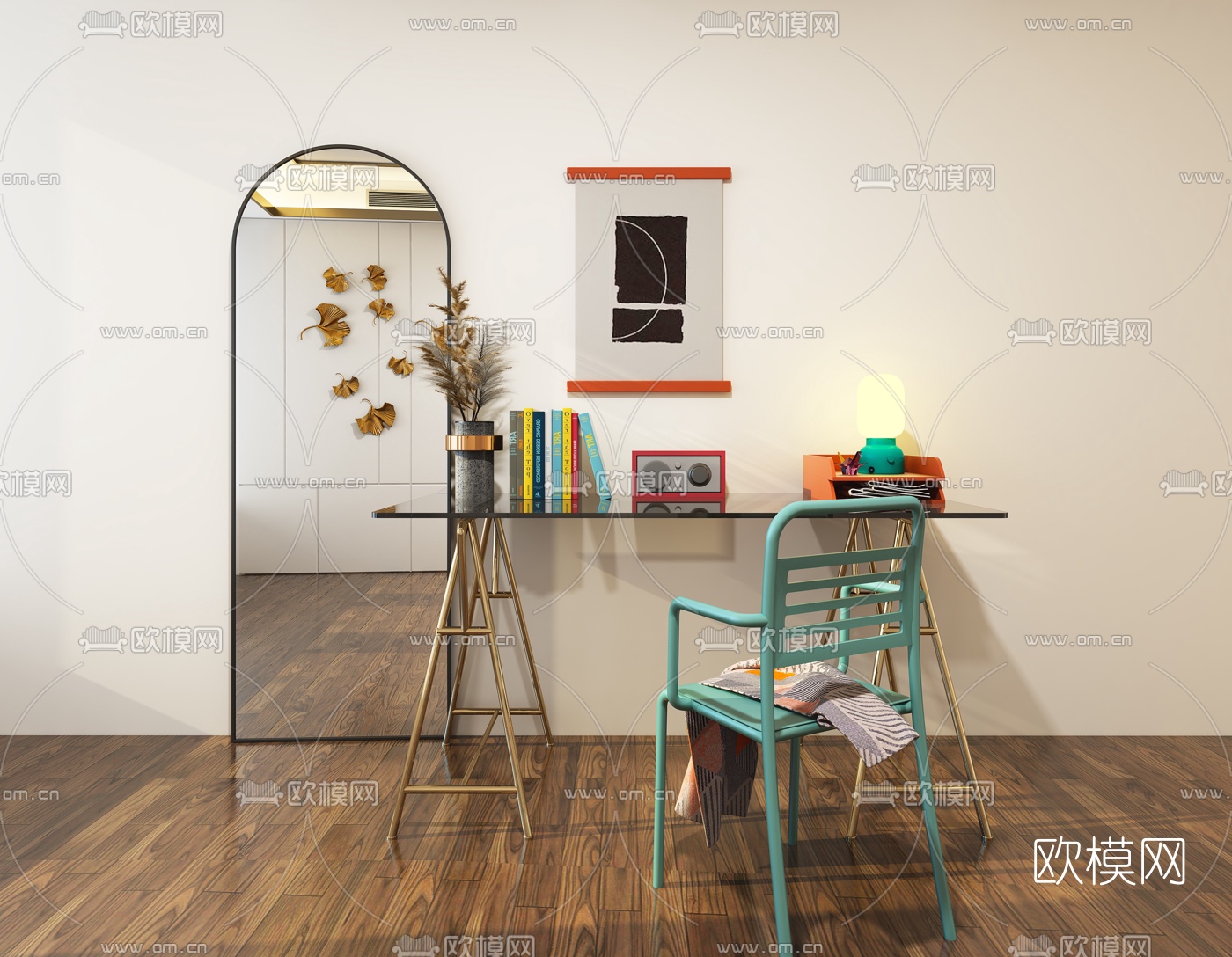 现代金属书桌椅3d模型下载