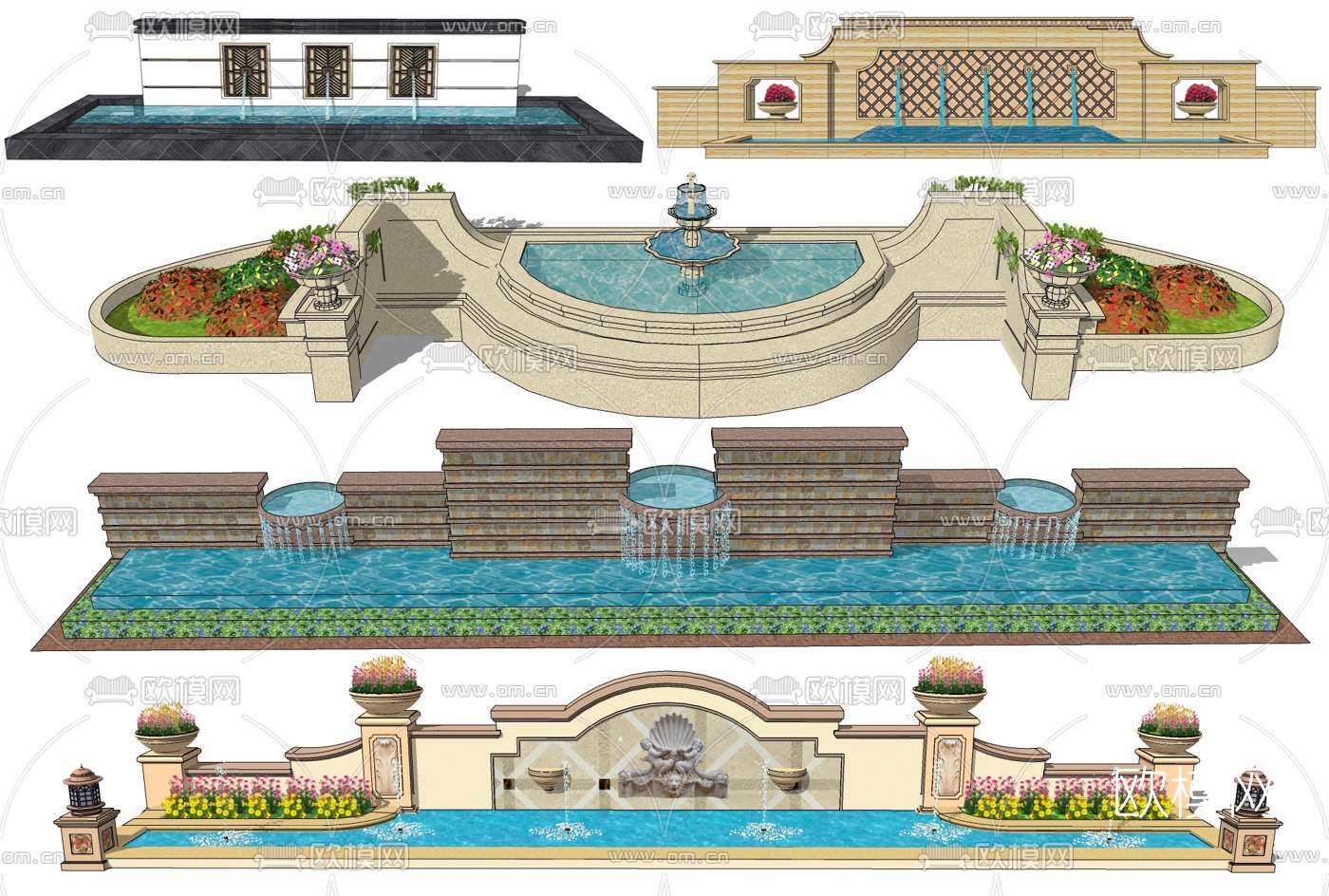 欧式水景水景墙喷泉跌水su模型下载
