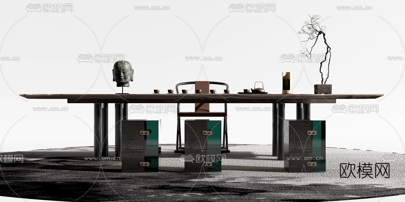 新中式实木茶桌椅3d模型