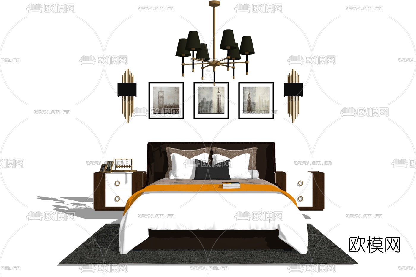 现代布艺双人床免费su模型下载