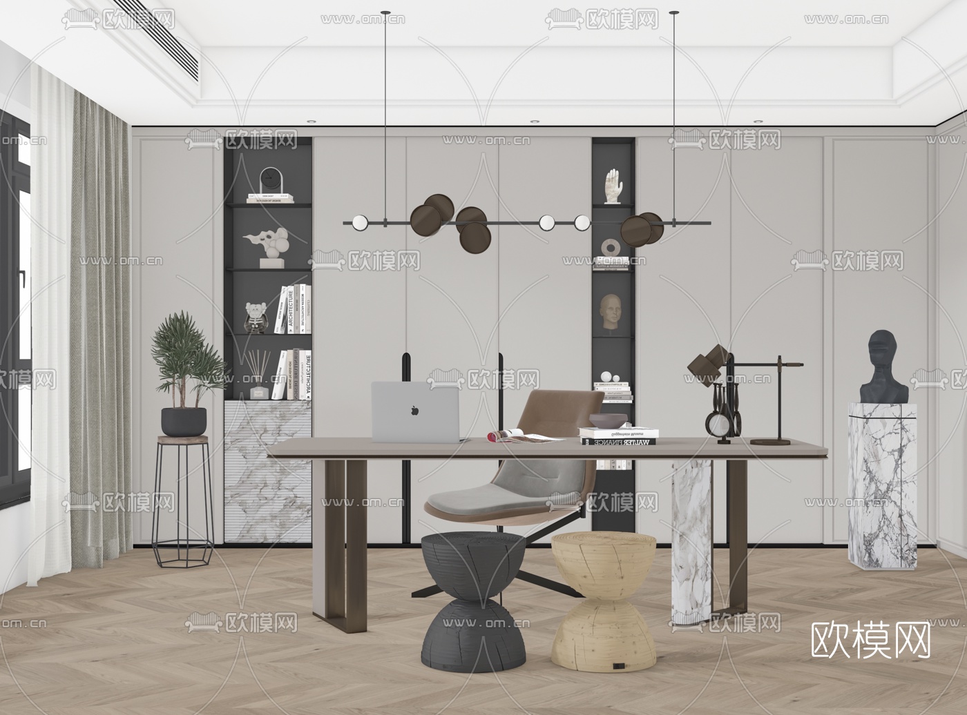 现代书房su模型下载