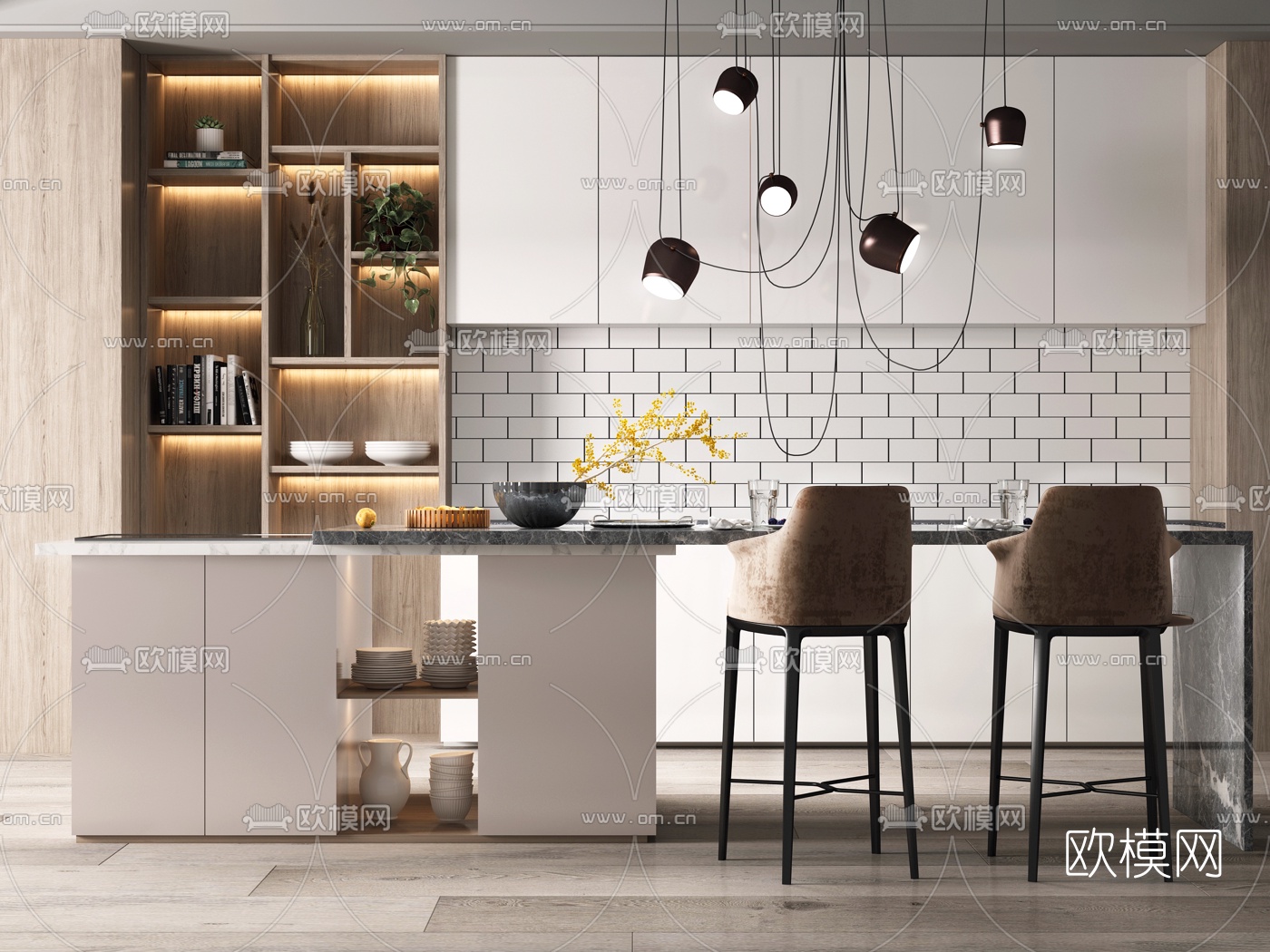 现代橱柜中岛柜吧台椅3d模型下载
