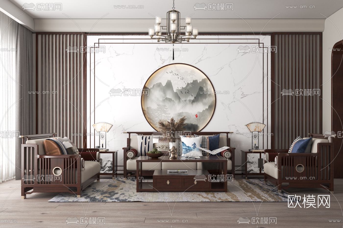 新中式布艺沙发组合3d模型下载（渲染图1）