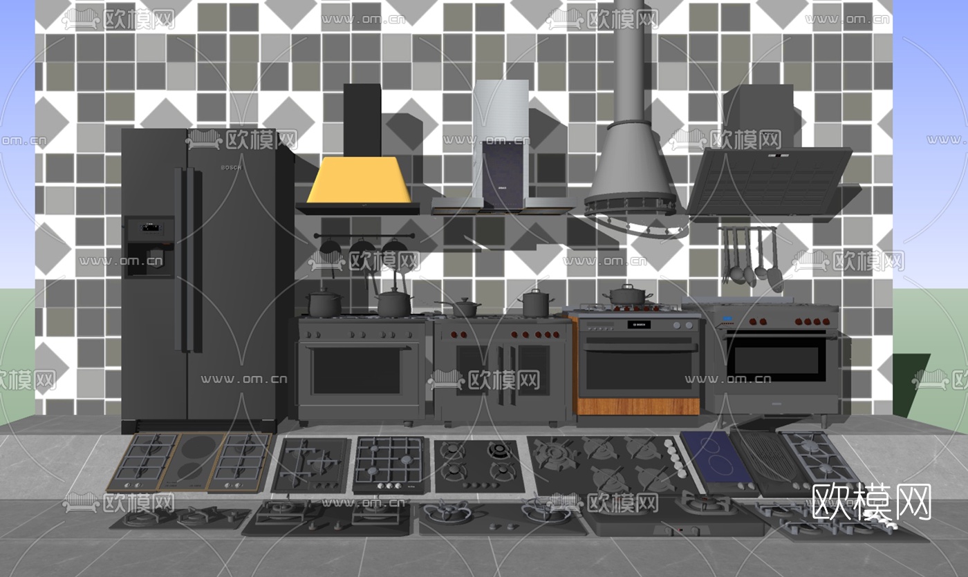 现代油烟机煤气灶集成灶su模型下载（渲染图2）