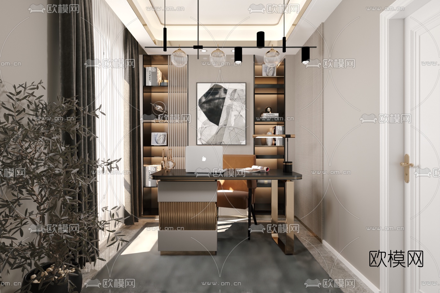 现代轻奢书房3d模型下载