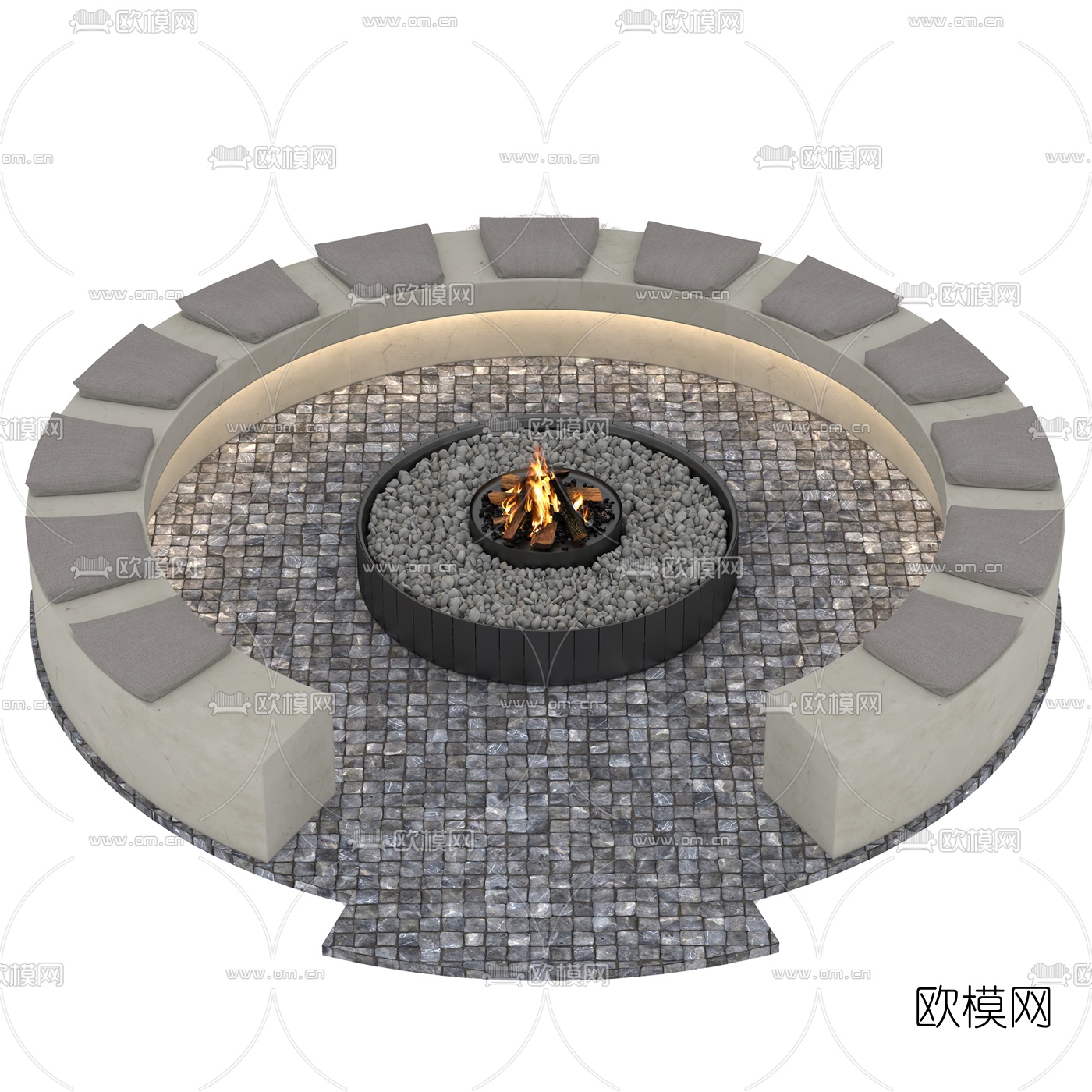 现代篝火户外圆形公共围椅3d模型下载（渲染图5）