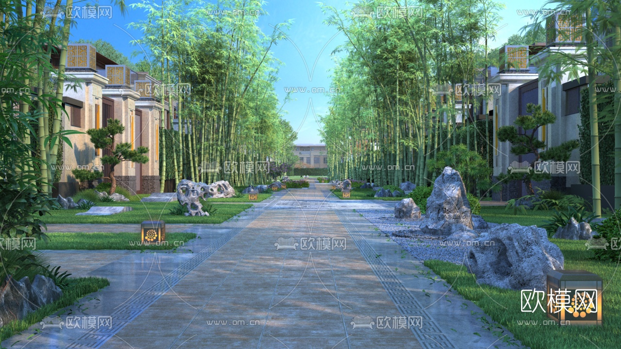新中式别墅道路景观3d模型下载