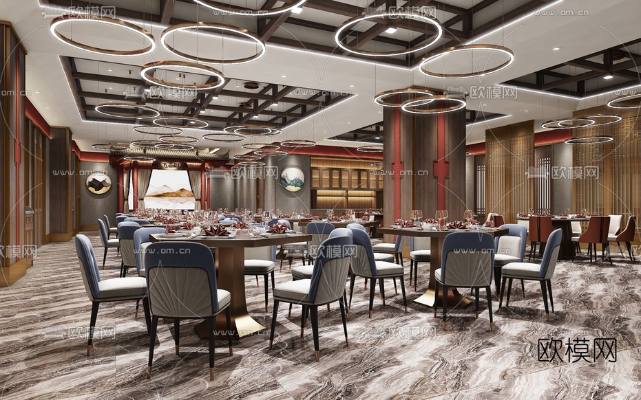 新中式酒店宴会厅3d模型下载(渲染图1)