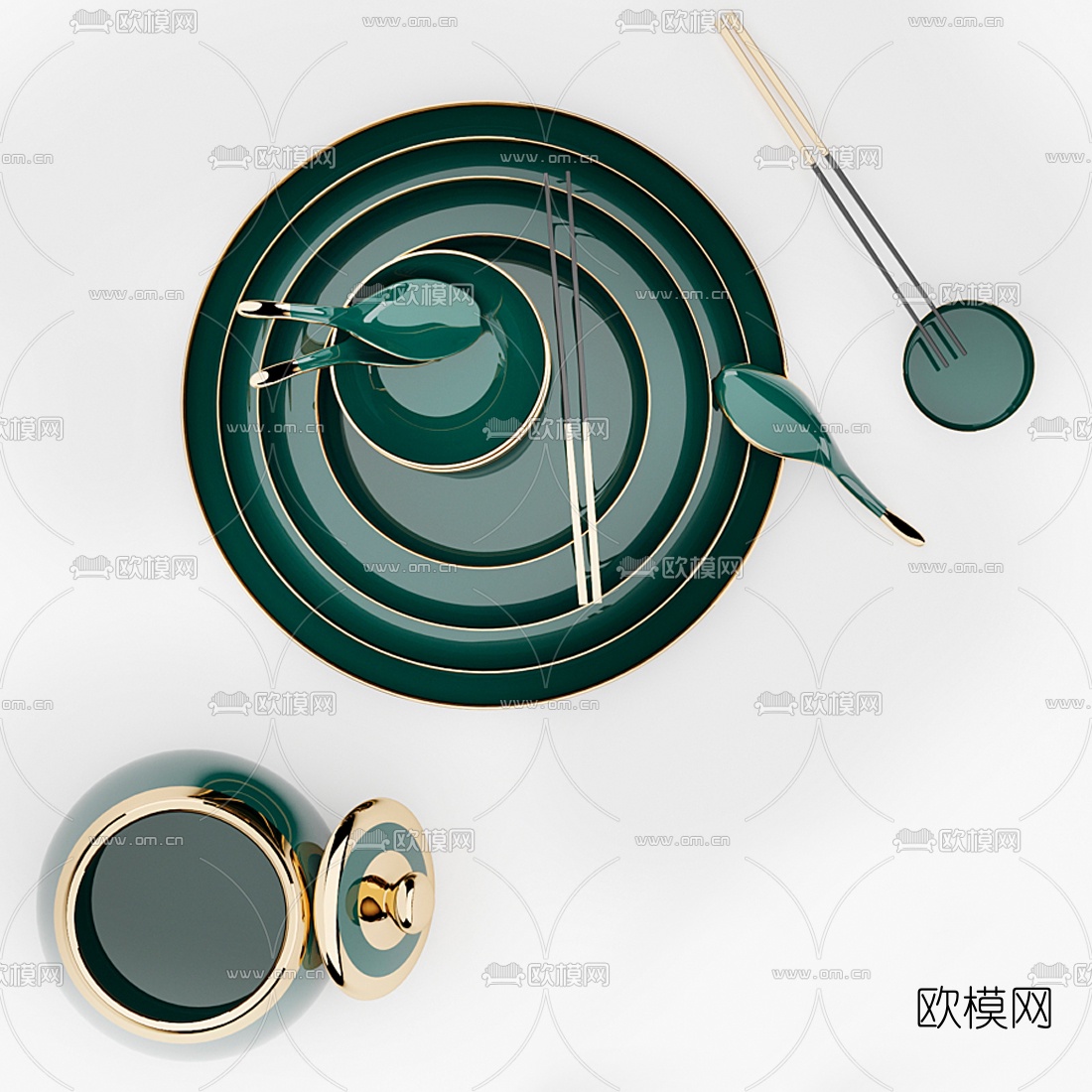 现代轻奢碗筷碟壶餐具3d模型下载（渲染图2）