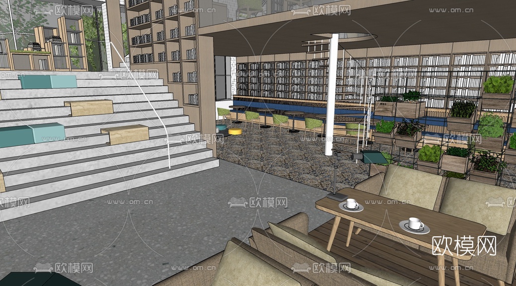 现代书吧书店室内su模型下载（渲染图2）