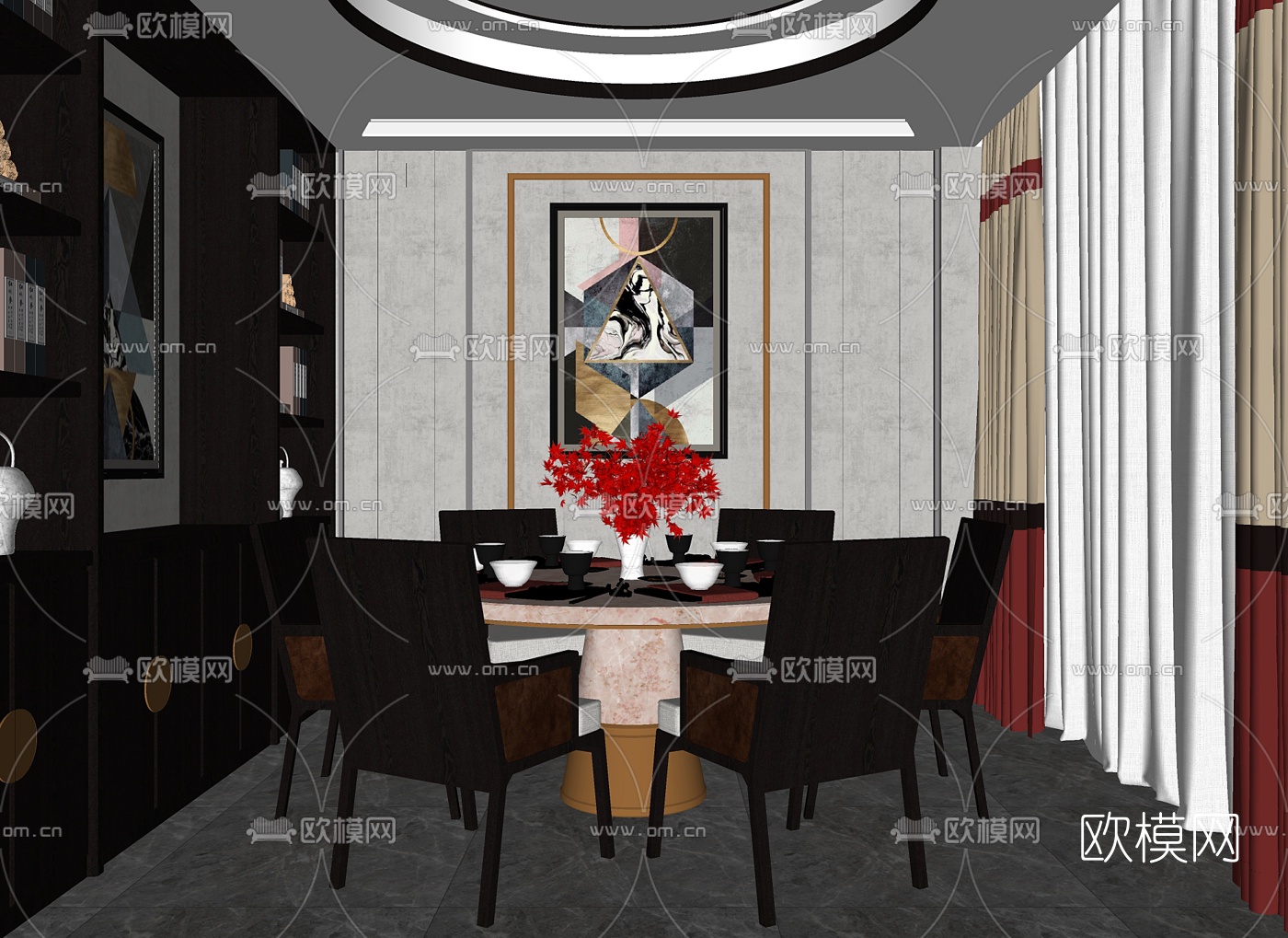 新中式餐厅su模型下载（渲染图2）
