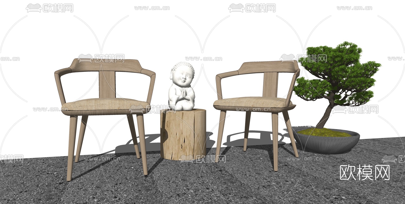 新中式实木休闲椅su模型下载（渲染图2）