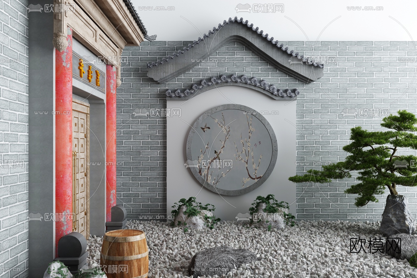 新中式门头景观小品3d模型下载