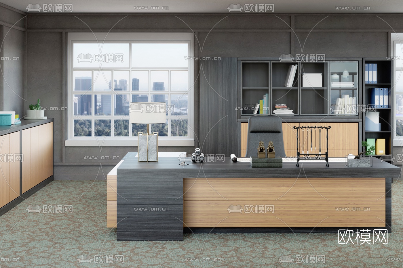 现代大班台会议桌文件柜3d模型下载（渲染图1）