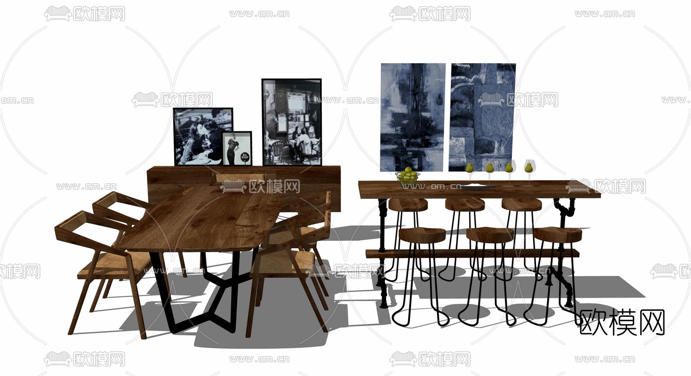 工业风餐桌椅su模型