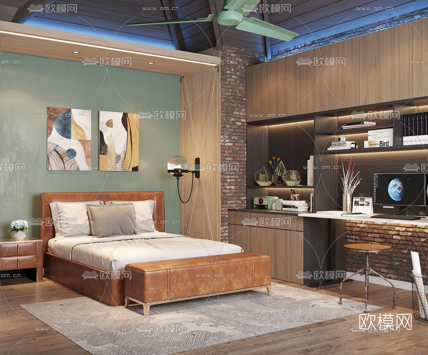 工业风卧室主人房3d模型下载（渲染图1）