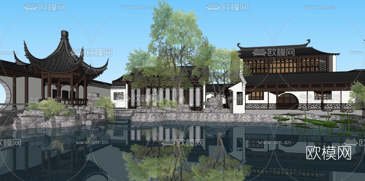 中式别墅庭院景观su模型下载（渲染图1）