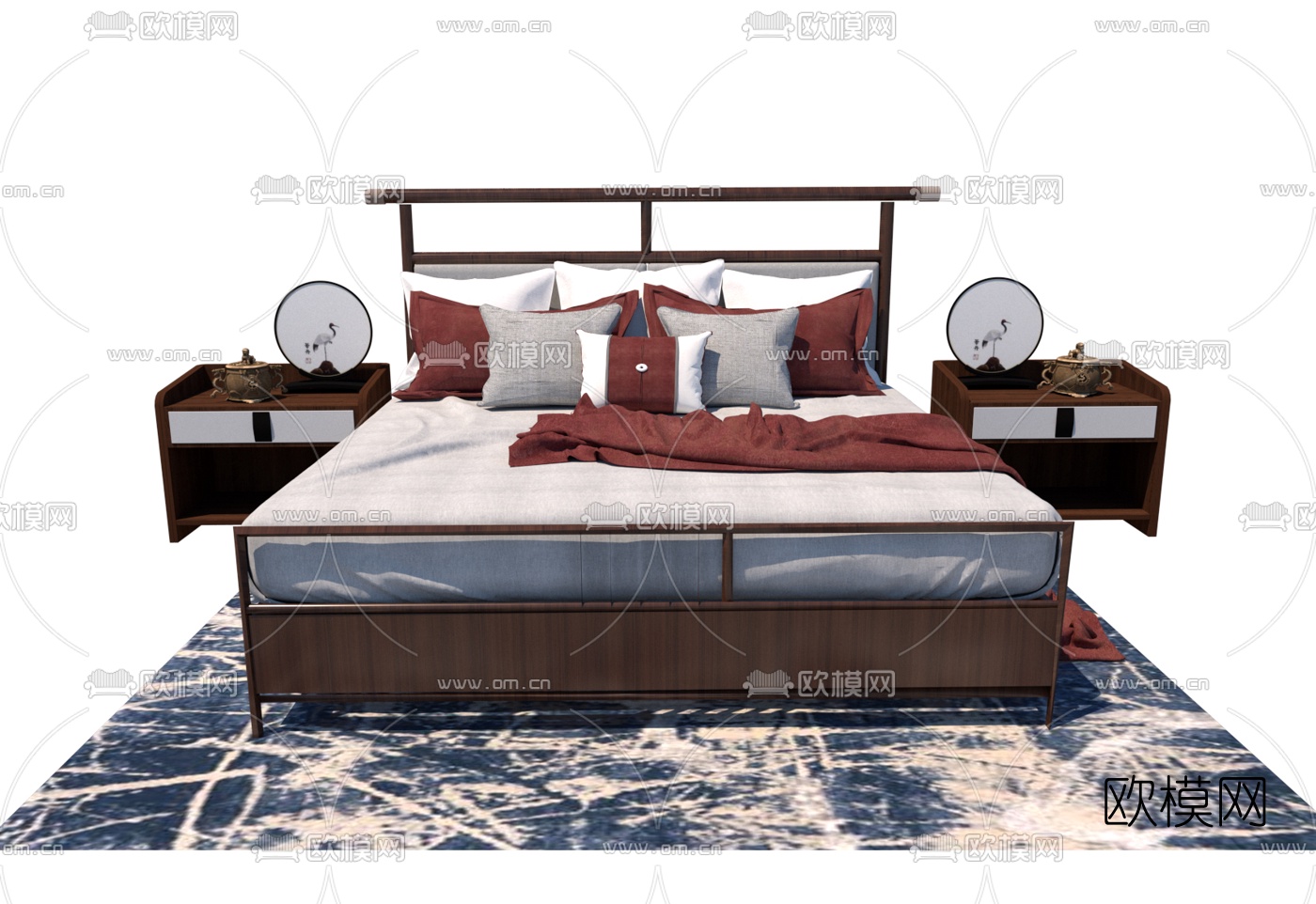 新中式布艺双人床su模型下载