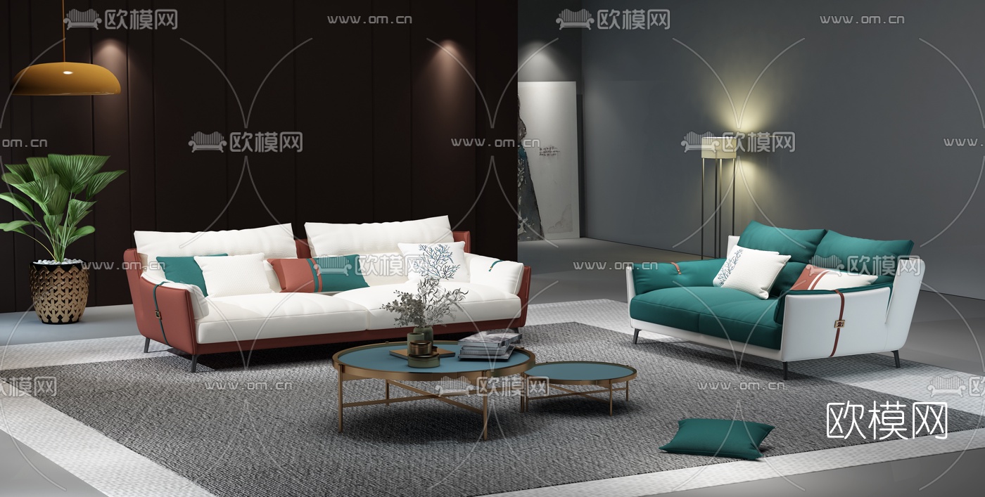 现代布艺沙发组合3d模型-免费3dmax模型库-欧模网