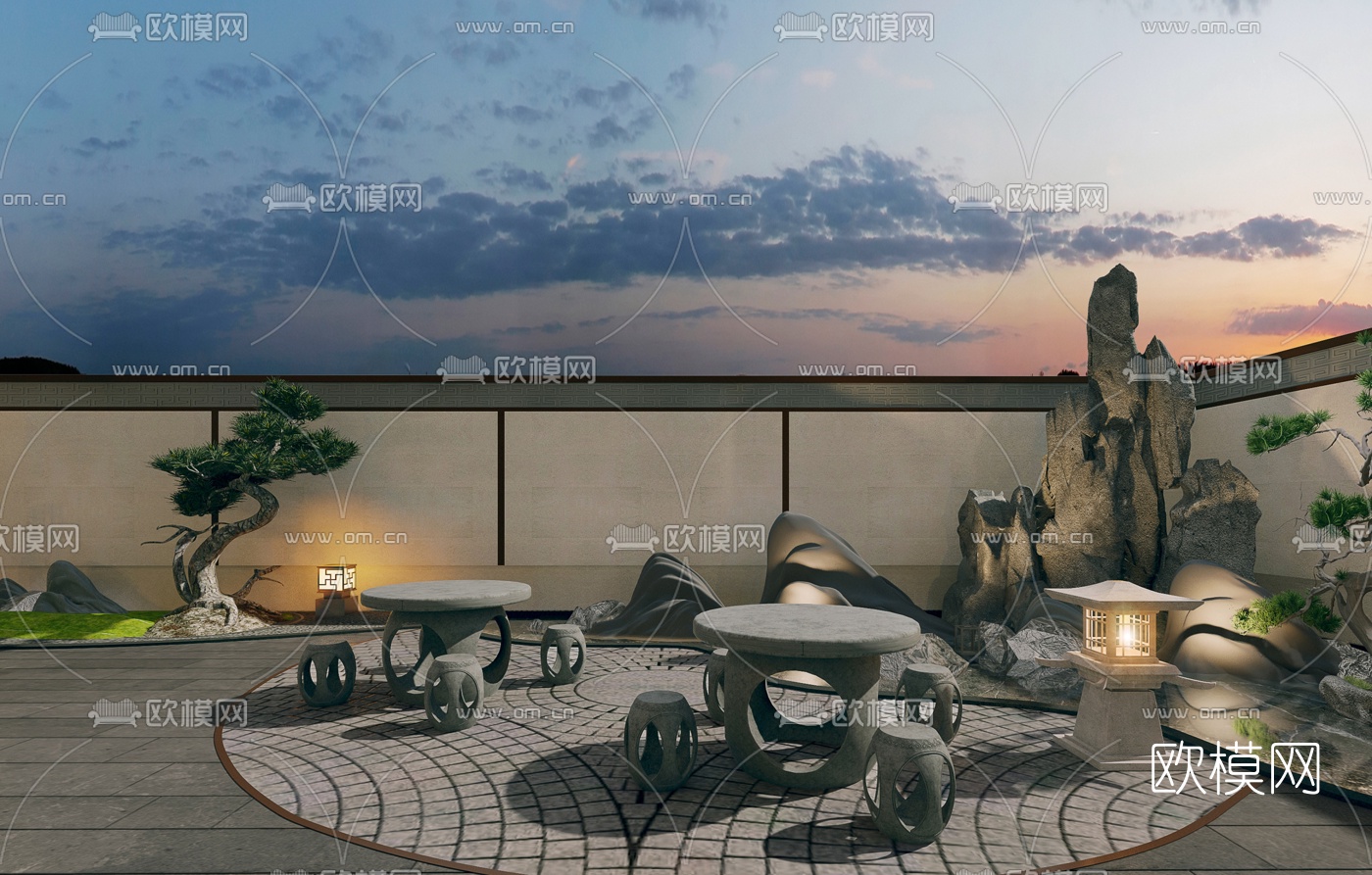 新中式庭院景观3d模型下载（渲染图4）