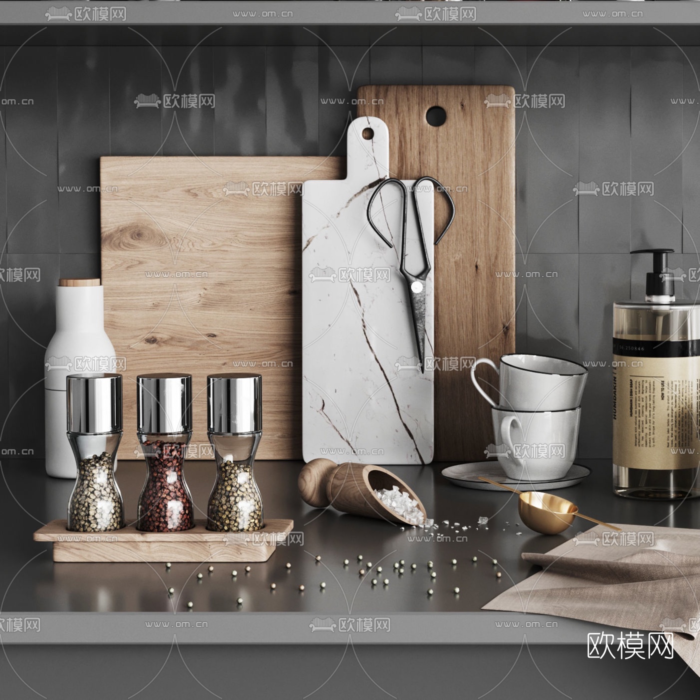 现代砧板调料瓶厨房器具3d模型下载（渲染图2）