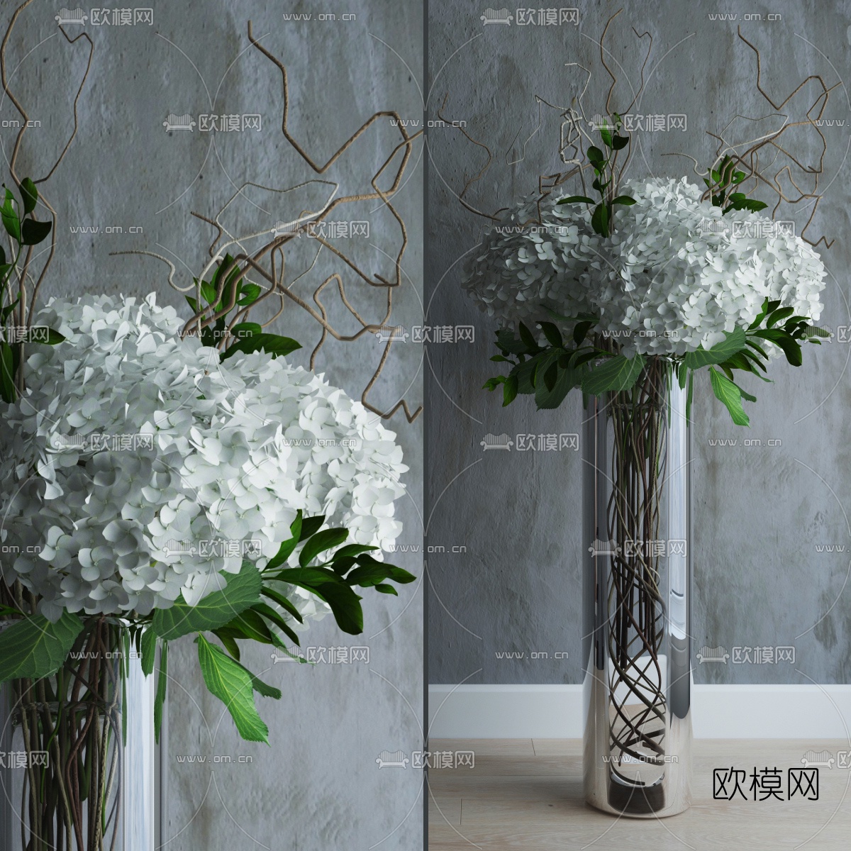 现代白色花卉玻璃花瓶3d模型下载（渲染图1）