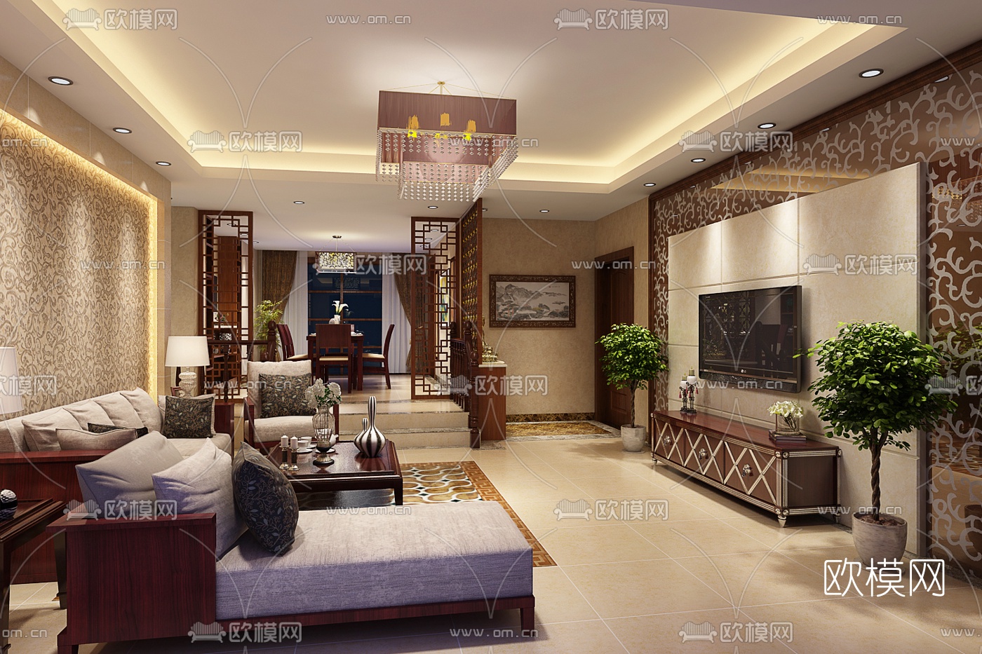 中式客厅餐厅免费3d模型
