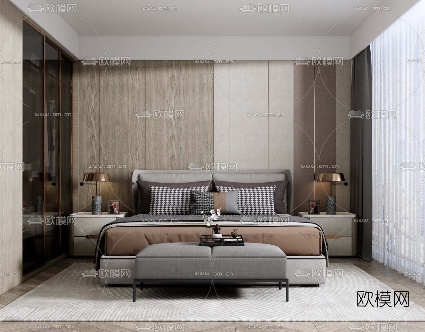 现代布艺双人床su模型下载（渲染图1）