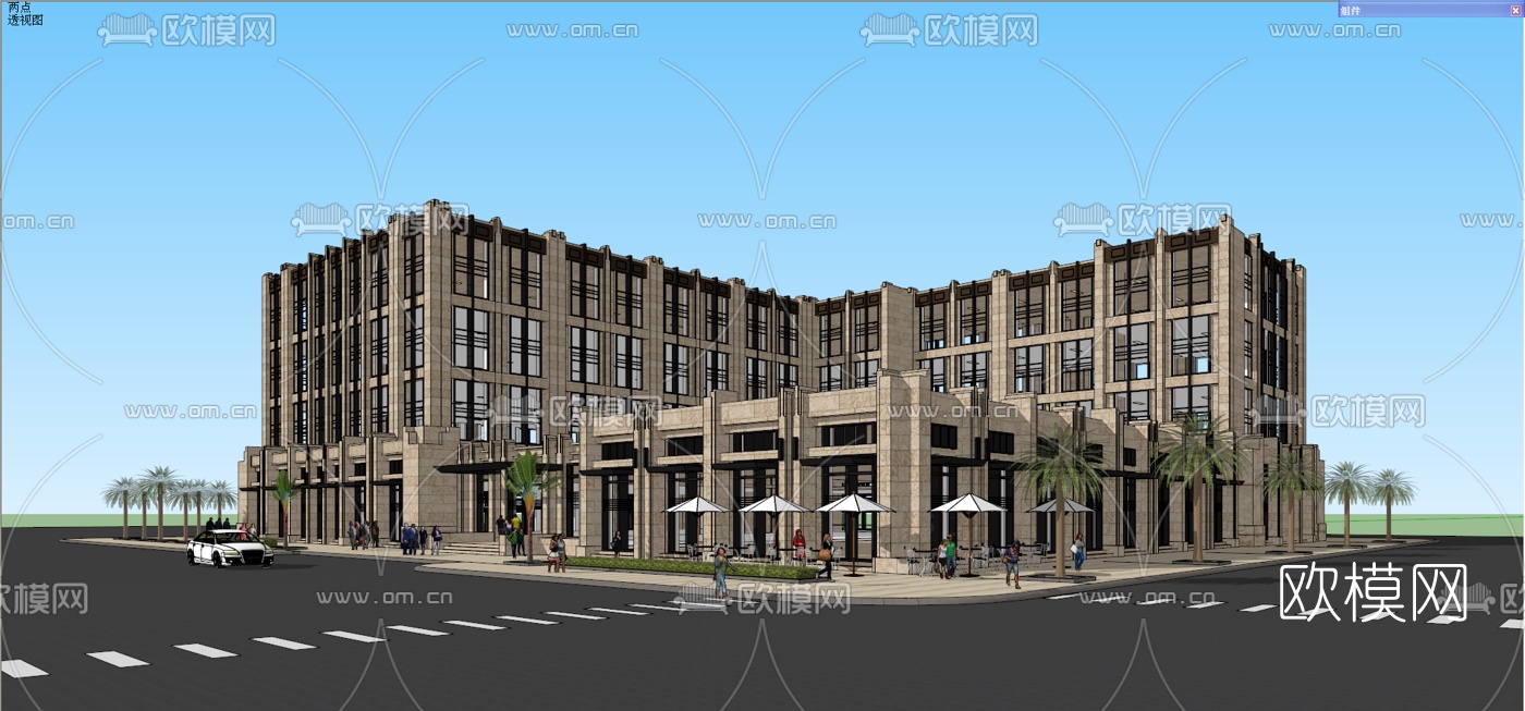 新古典多层酒店外观su模型下载（渲染图2）