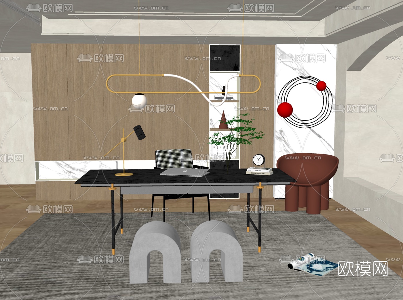 现代书房su模型下载（渲染图2）