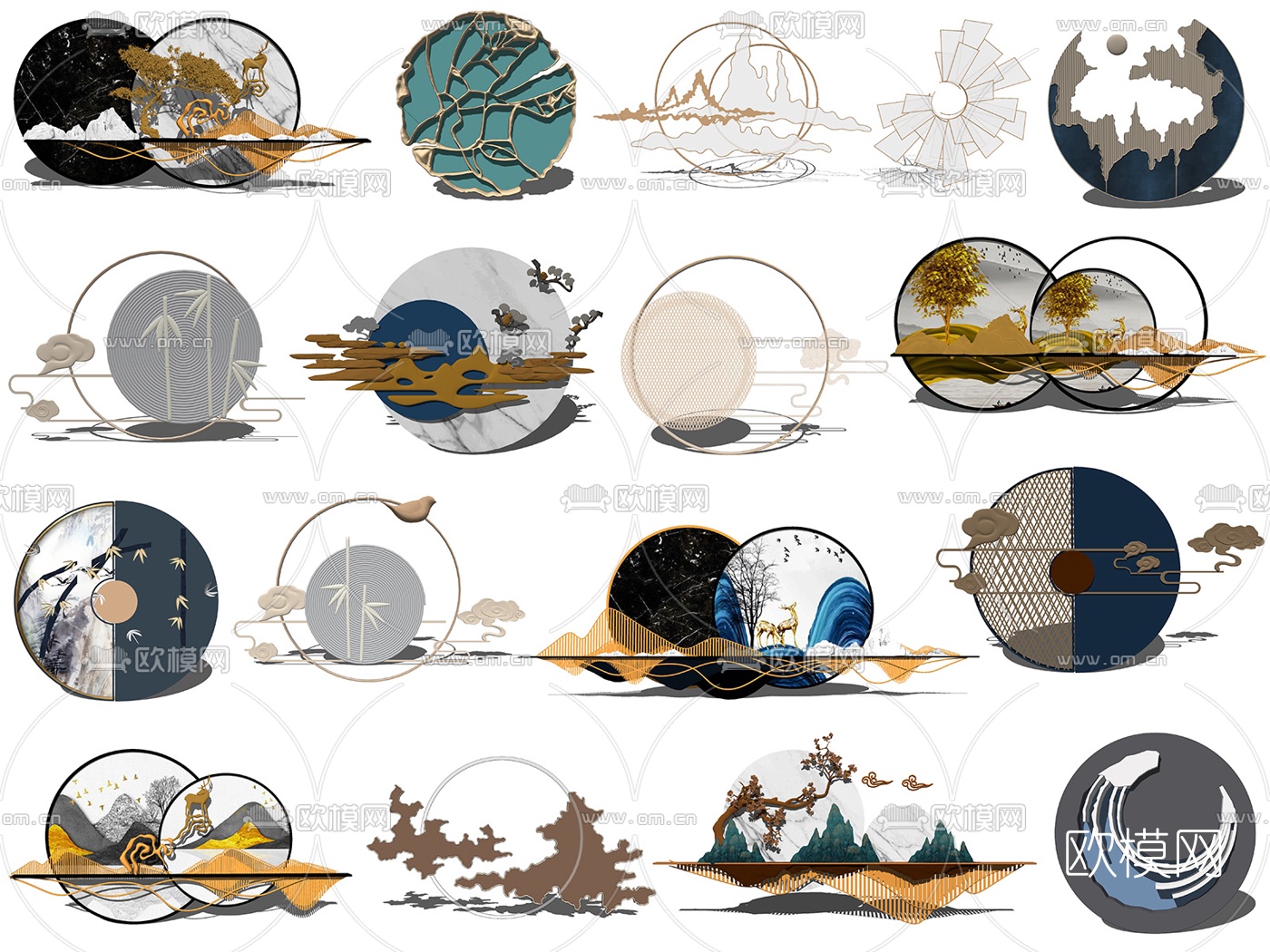 新中式山水墙饰挂件su模型下载