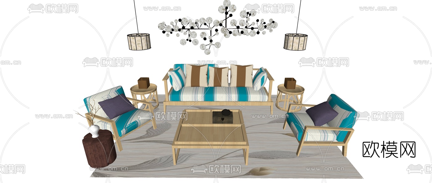 北欧布艺沙发组合su模型下载（渲染图3）
